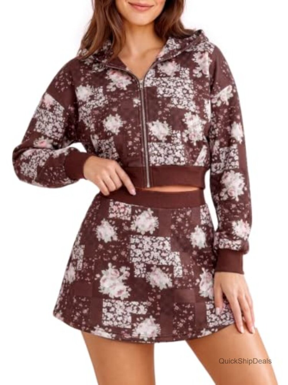 Womens 2 Piece Skort Set Hooded Cropped Jacket Floral Plaid Mini Skirt